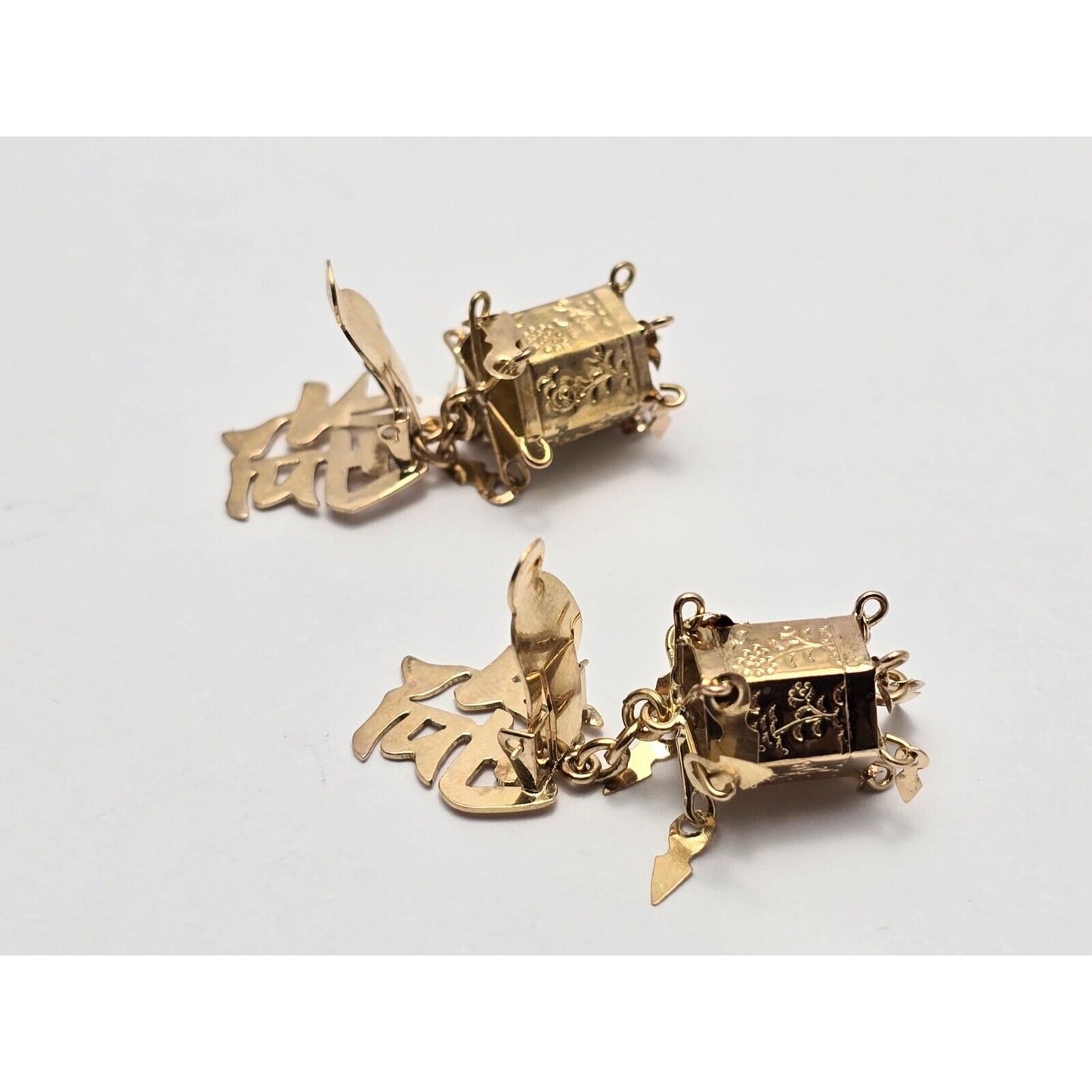 18K Yellow Gold Dangle Drop Chinese Good Luck Non Pierced Earrings