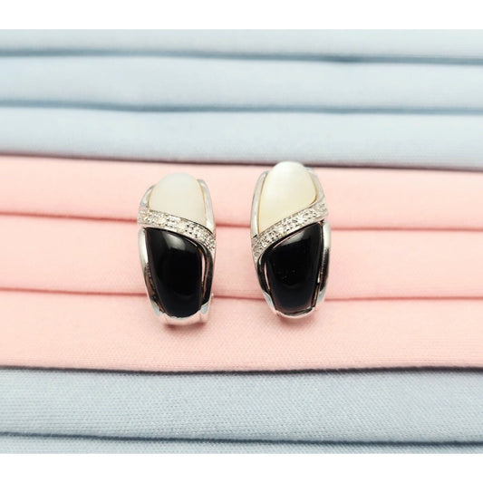 14K White Gold Mother of Pearl, Onyx & Diamond French Clip Earrings