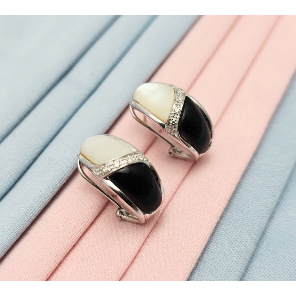 14K White Gold Mother of Pearl, Onyx & Diamond French Clip Earrings