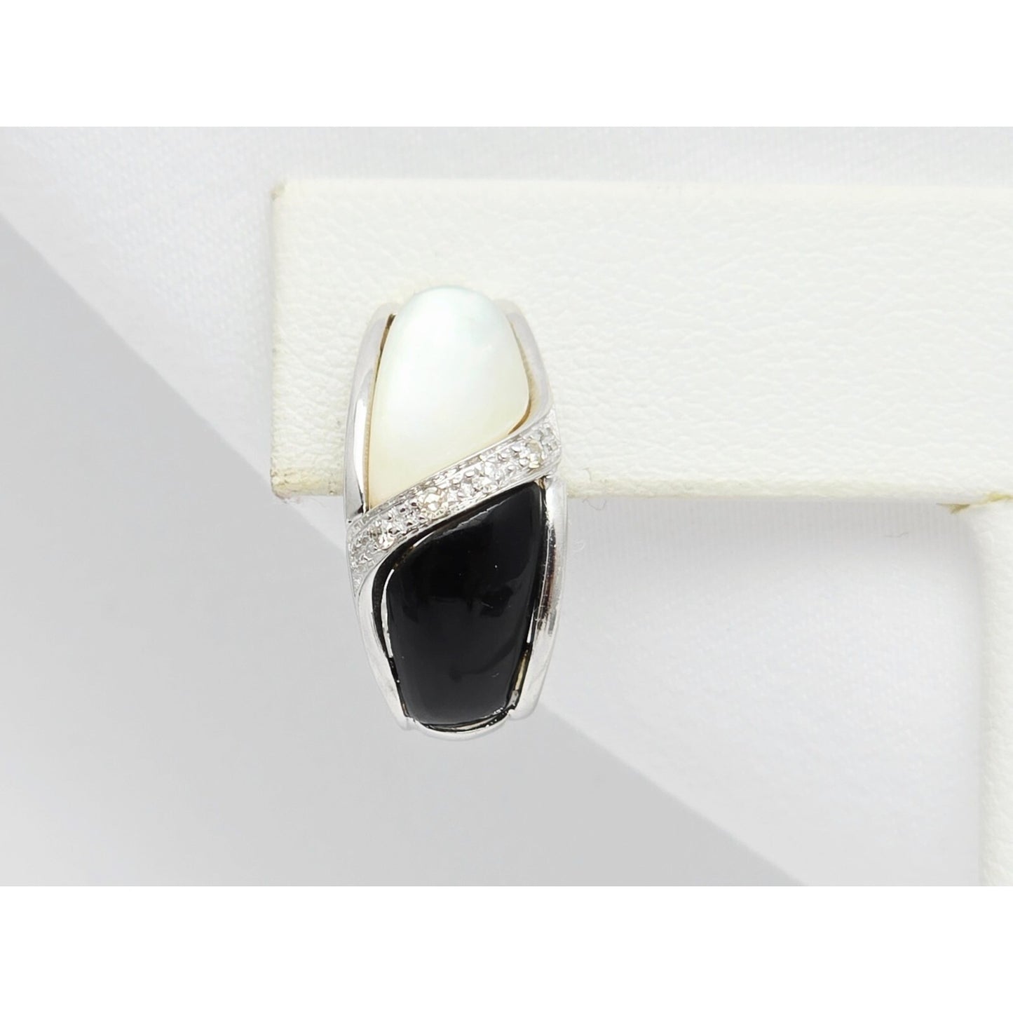 14K White Gold Mother of Pearl, Onyx & Diamond French Clip Earrings