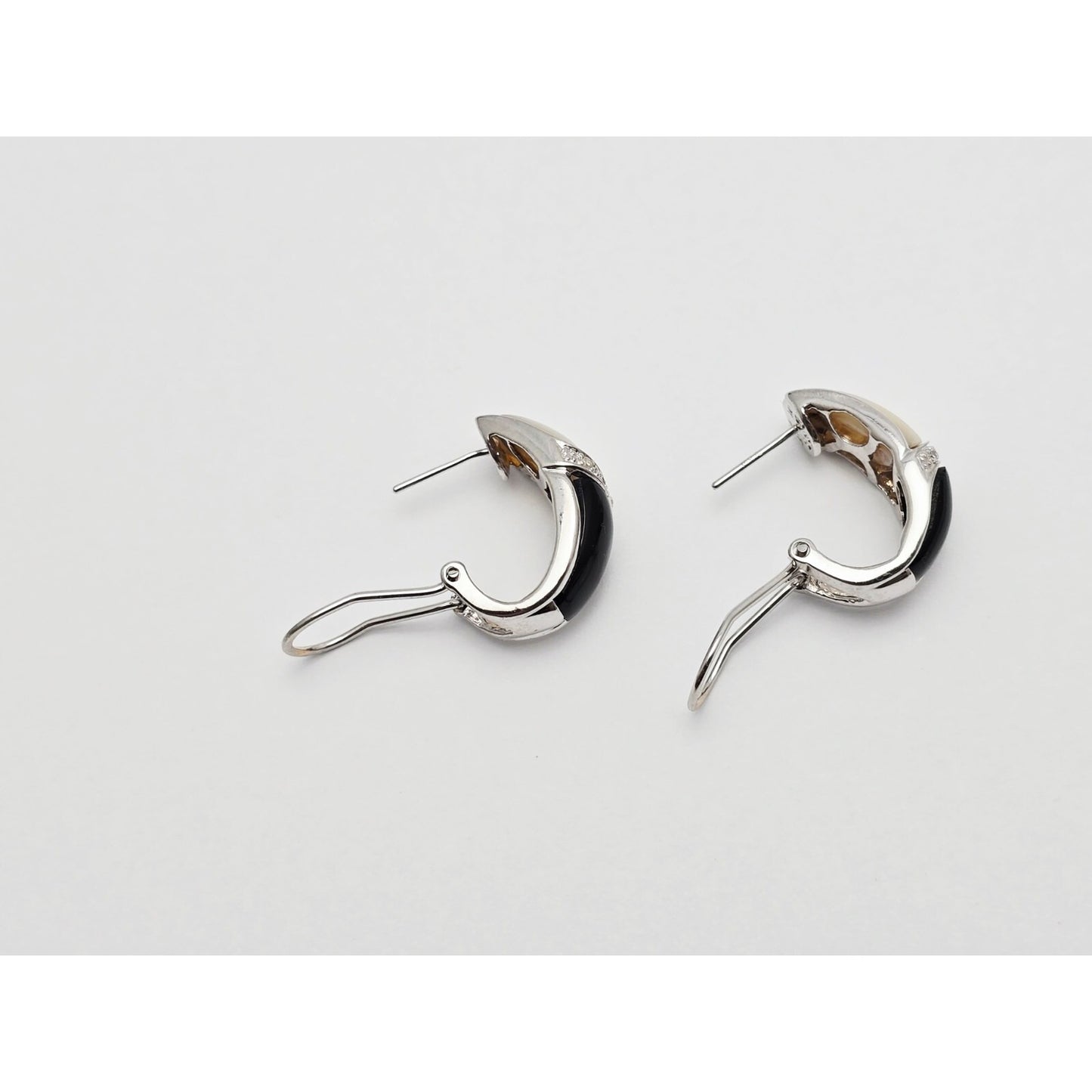 14K White Gold Mother of Pearl, Onyx & Diamond French Clip Earrings