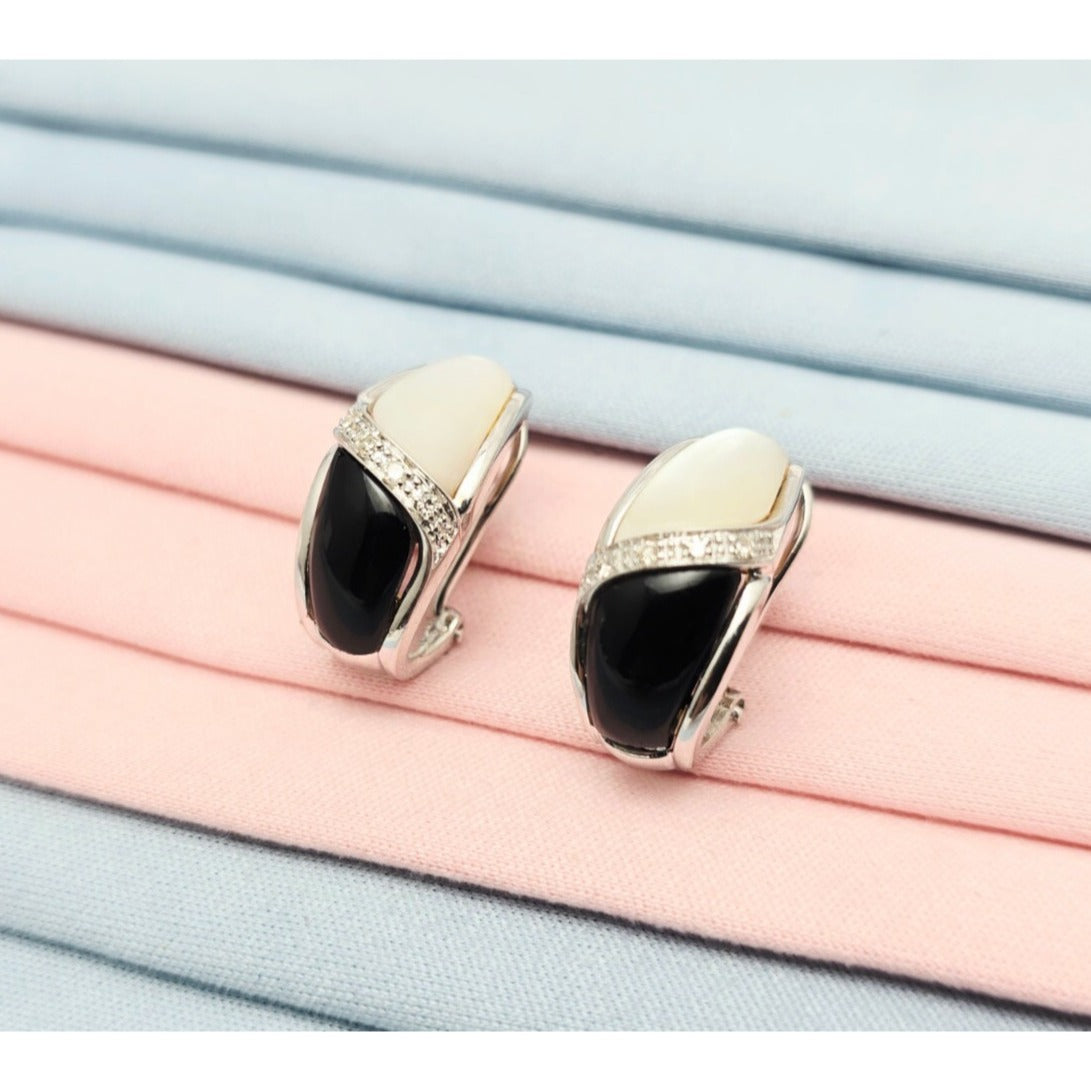 14K White Gold Mother of Pearl, Onyx & Diamond French Clip Earrings