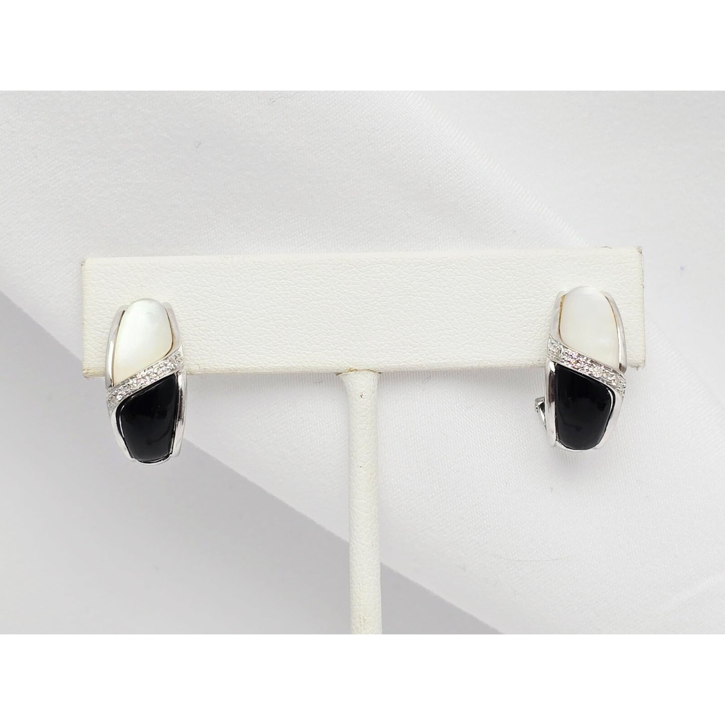 14K White Gold Mother of Pearl, Onyx & Diamond French Clip Earrings