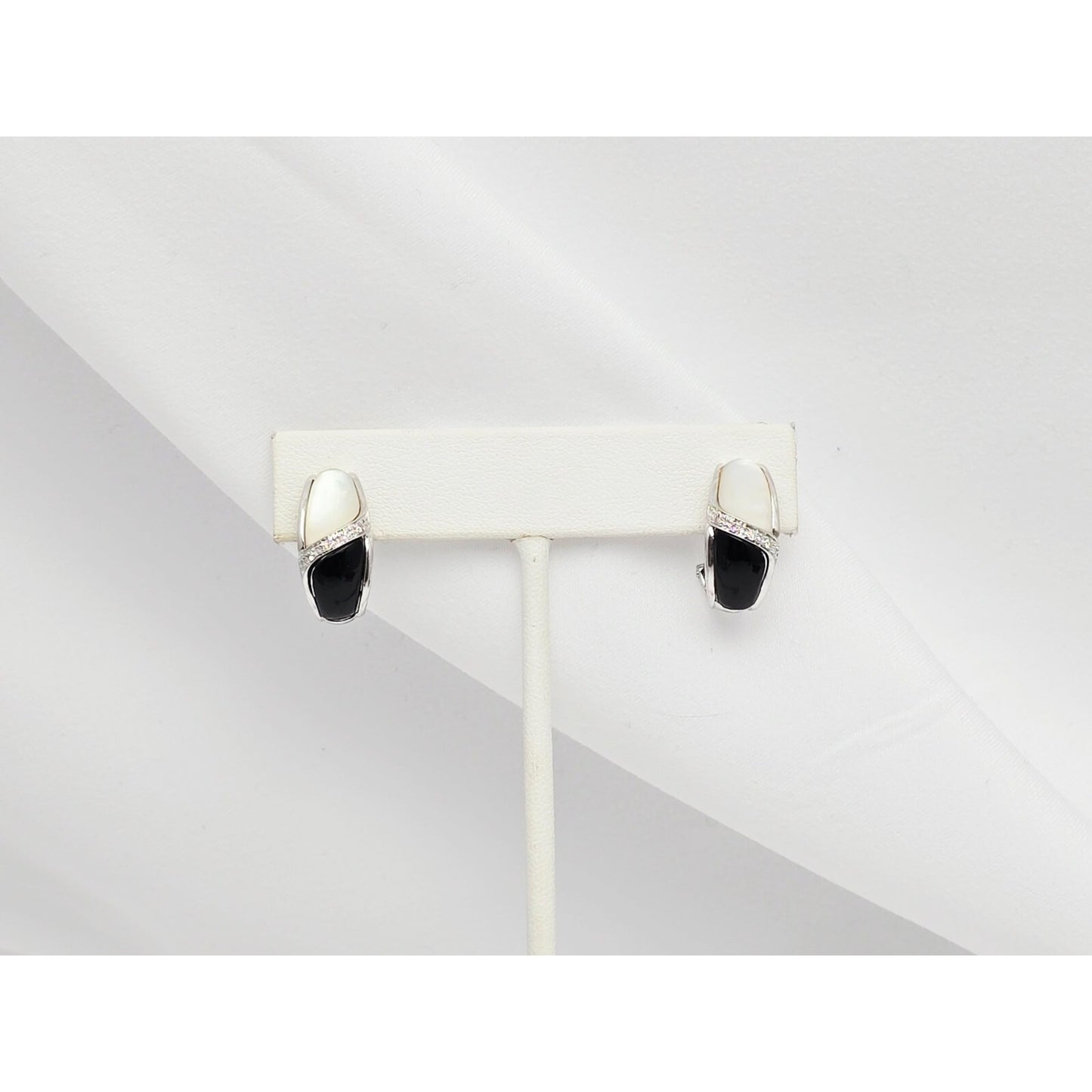 14K White Gold Mother of Pearl, Onyx & Diamond French Clip Earrings