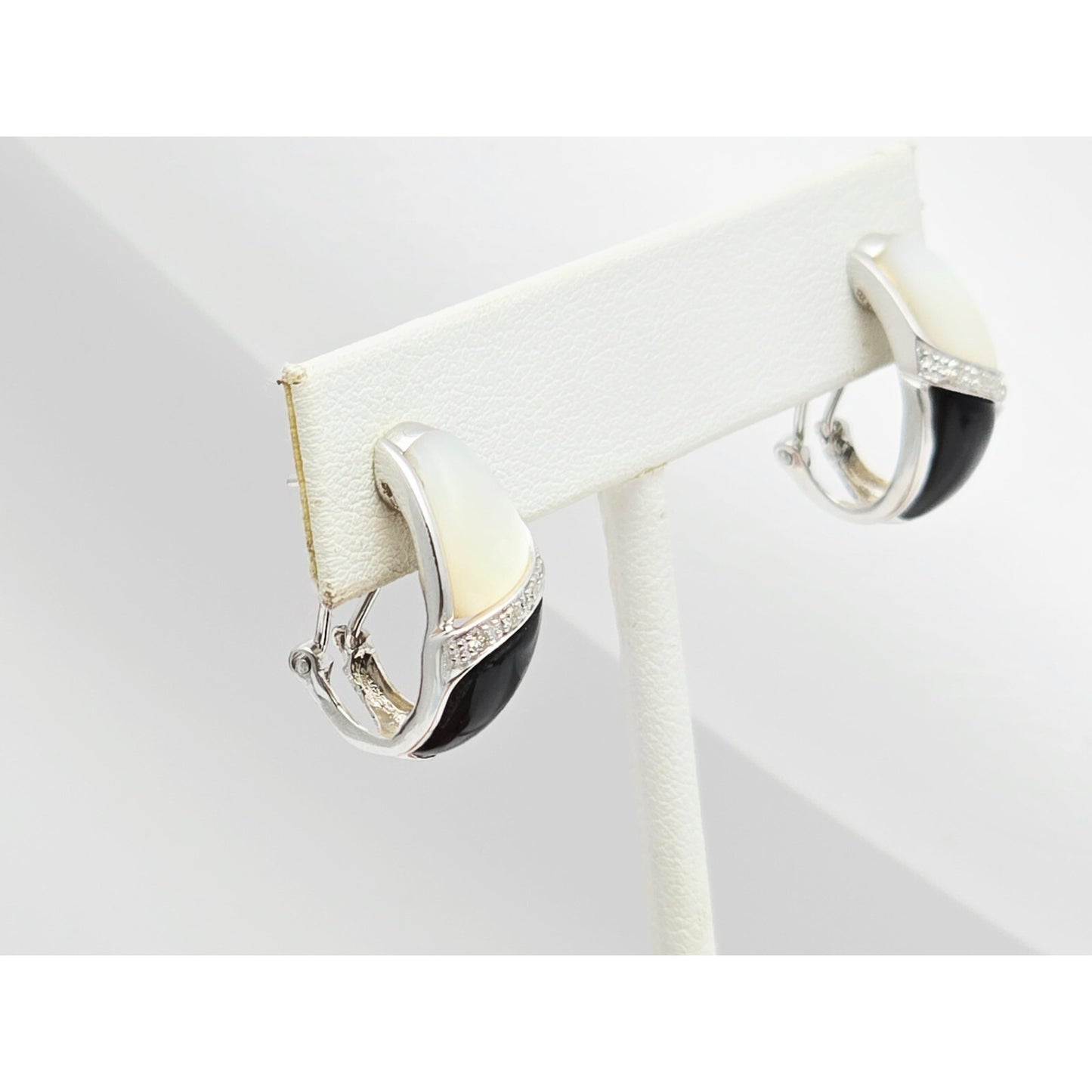 14K White Gold Mother of Pearl, Onyx & Diamond French Clip Earrings