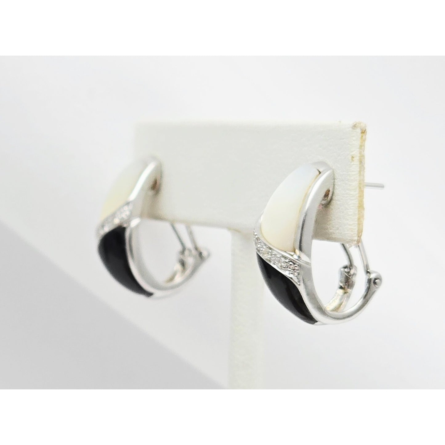 14K White Gold Mother of Pearl, Onyx & Diamond French Clip Earrings