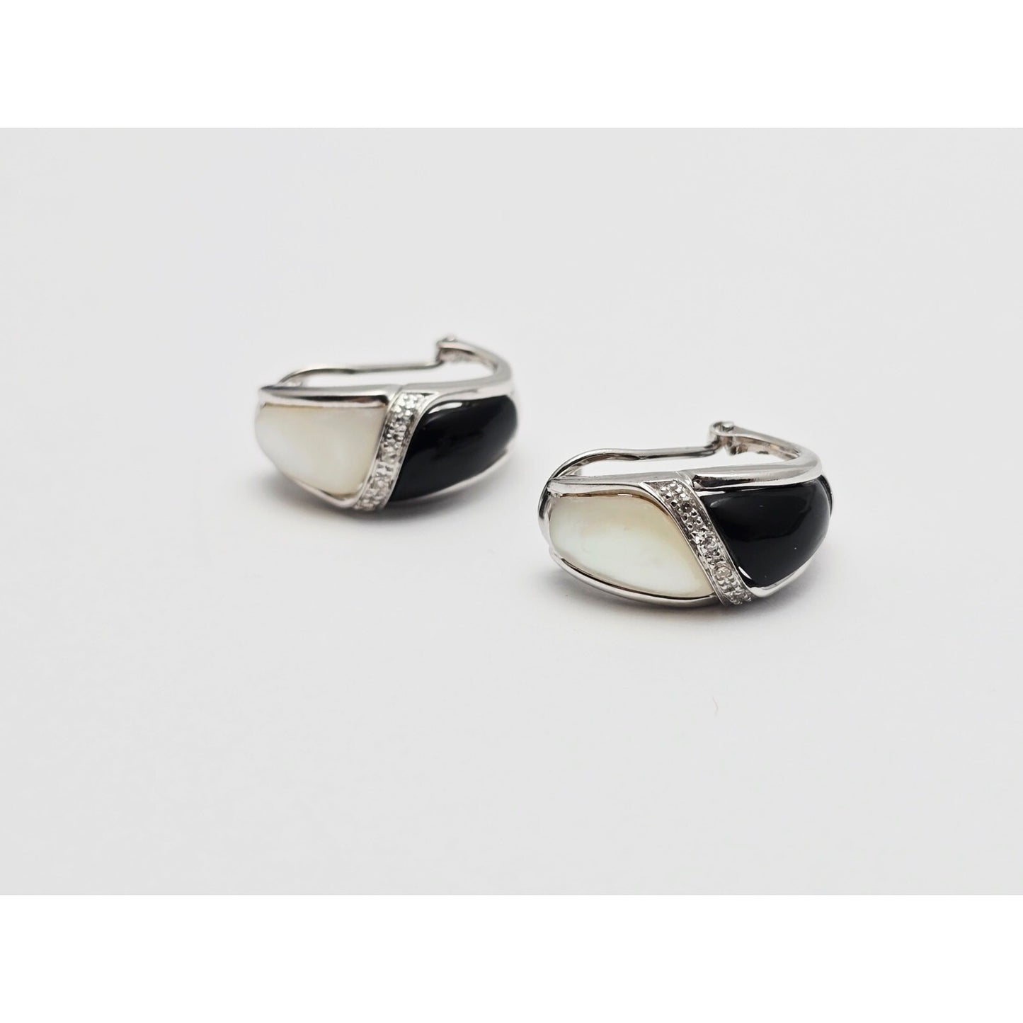 14K White Gold Mother of Pearl, Onyx & Diamond French Clip Earrings