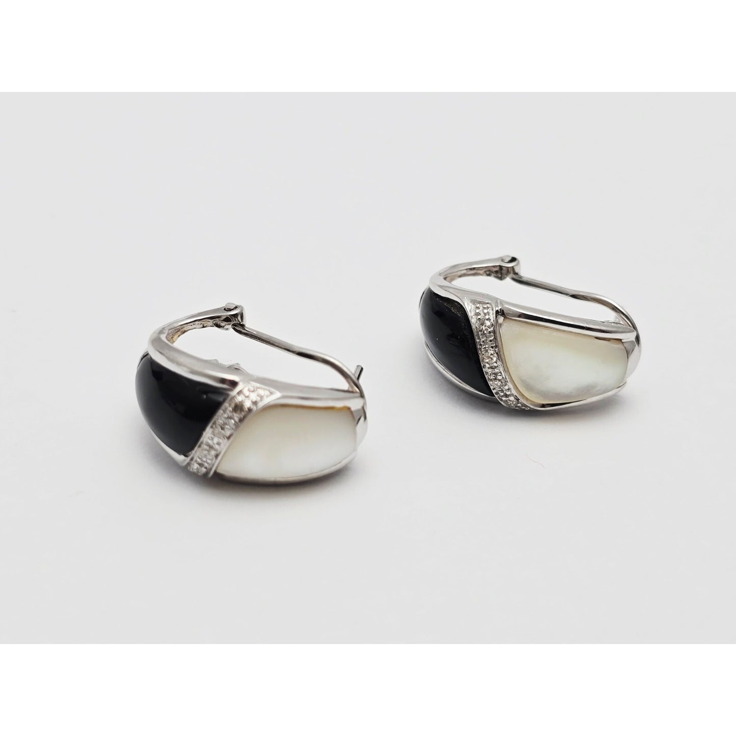 14K White Gold Mother of Pearl, Onyx & Diamond French Clip Earrings