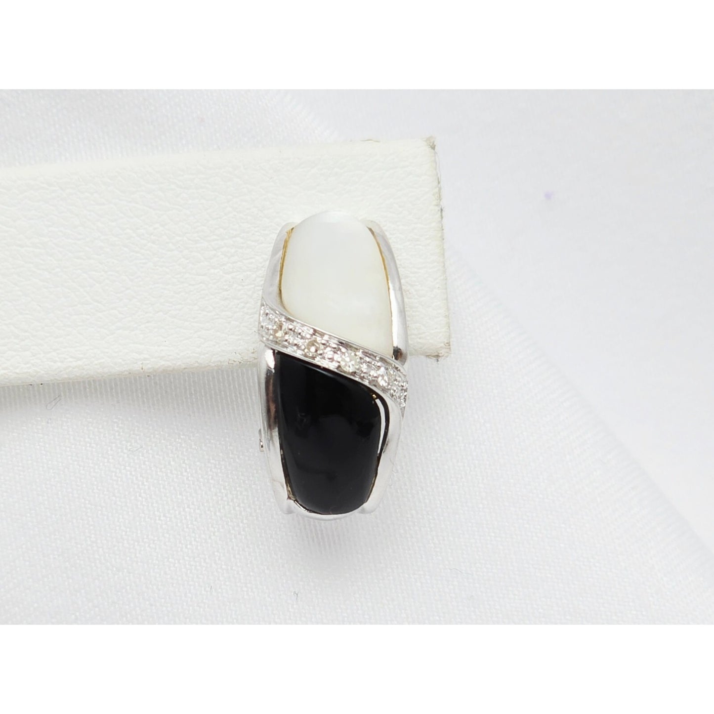 14K White Gold Mother of Pearl, Onyx & Diamond French Clip Earrings