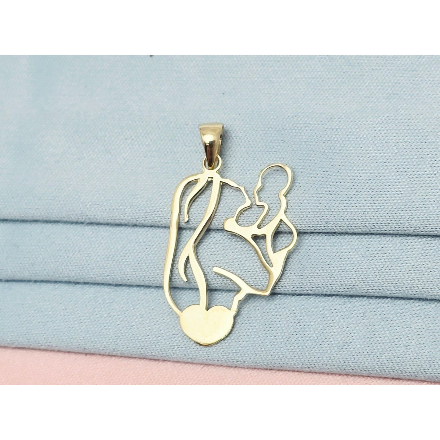 14K Yellow Gold Mother & Baby Heart Charm Pendant