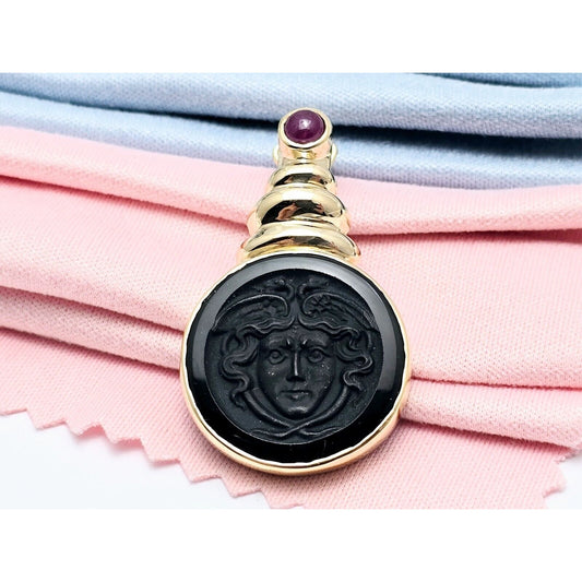 14K Yellow Gold Black Onyx & Cabochon Ruby Cameo Charm Pendant