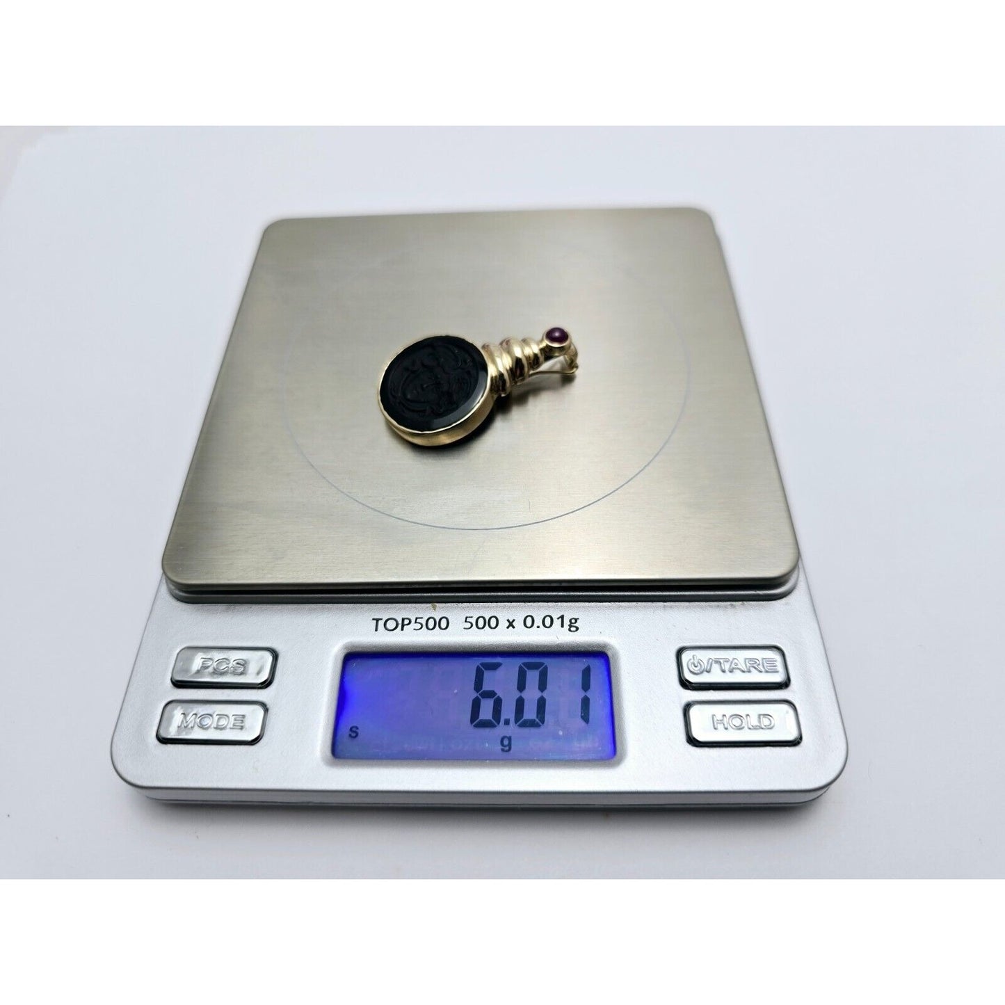 14K Yellow Gold Black Onyx & Cabochon Ruby Cameo Charm Pendant