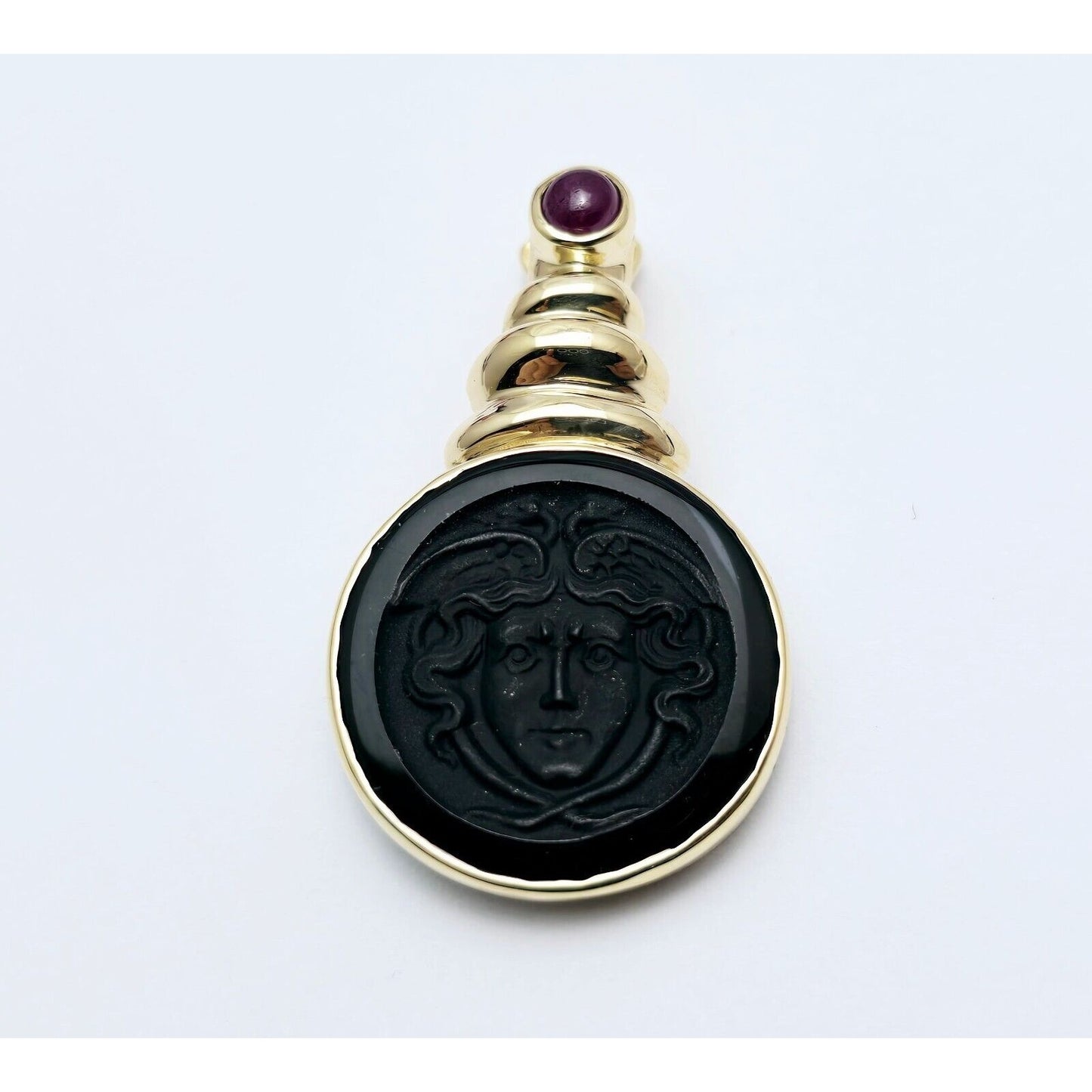14K Yellow Gold Black Onyx & Cabochon Ruby Cameo Charm Pendant