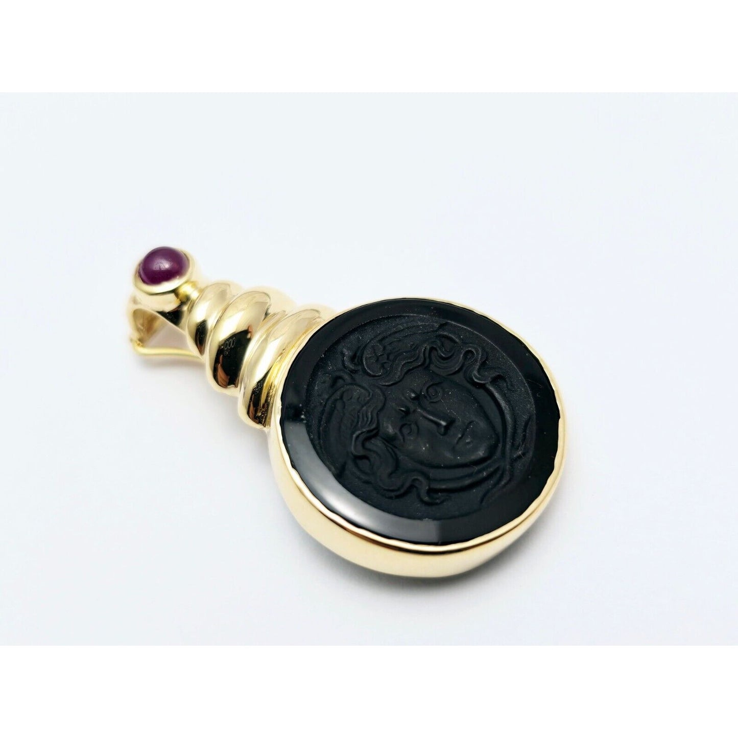 14K Yellow Gold Black Onyx & Cabochon Ruby Cameo Charm Pendant
