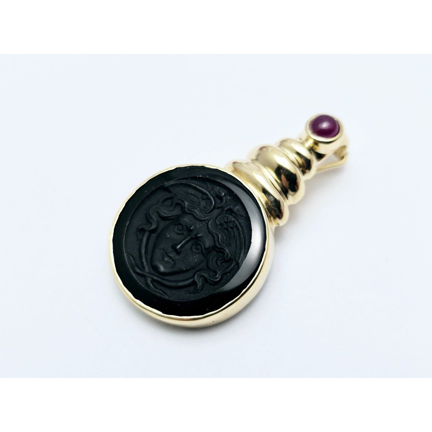 14K Yellow Gold Black Onyx & Cabochon Ruby Cameo Charm Pendant