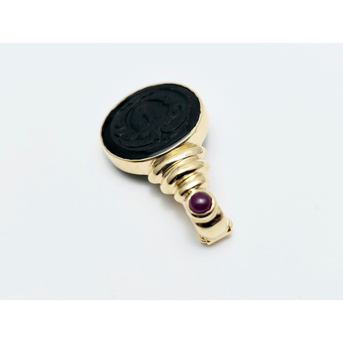 14K Yellow Gold Black Onyx & Cabochon Ruby Cameo Charm Pendant