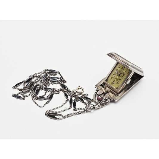 Vintage Art Deco Sterling Silver Black & Purple Enamel Pendant Watch Necklace