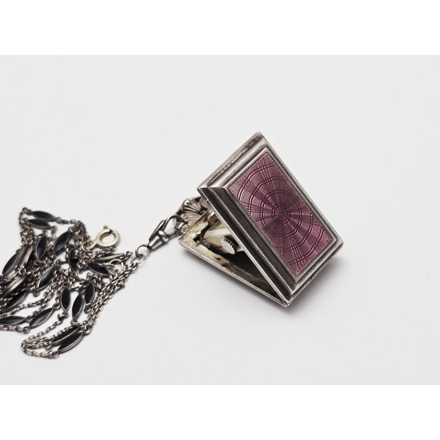 Vintage Art Deco Sterling Silver Black & Purple Enamel Pendant Watch Necklace