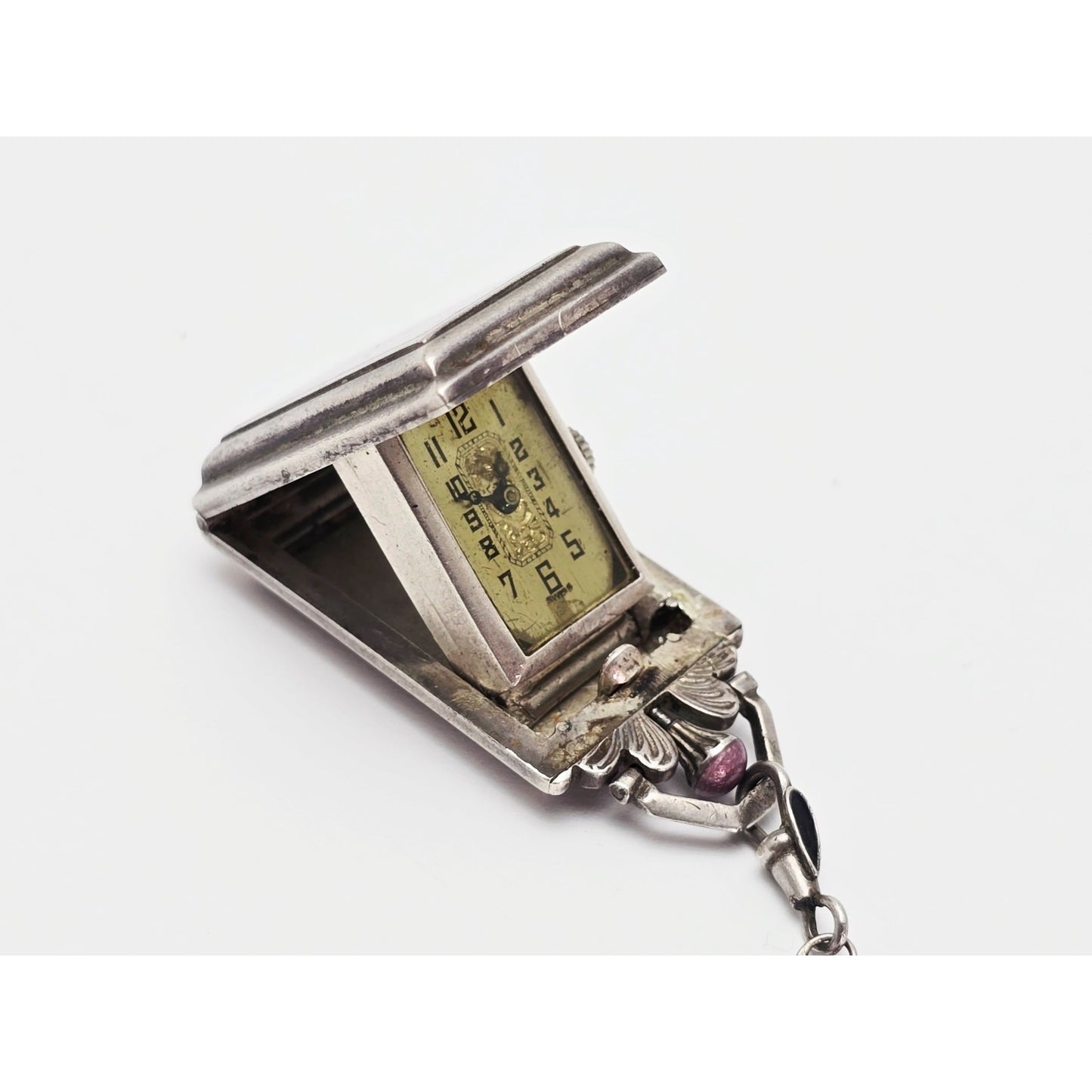 Vintage Art Deco Sterling Silver Black & Purple Enamel Pendant Watch Necklace