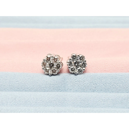 14K White Gold Round Cut Diamond Flower Stud Earrings