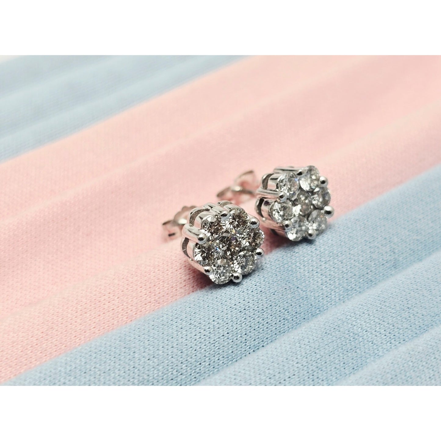 14K White Gold Round Cut Diamond Flower Stud Earrings