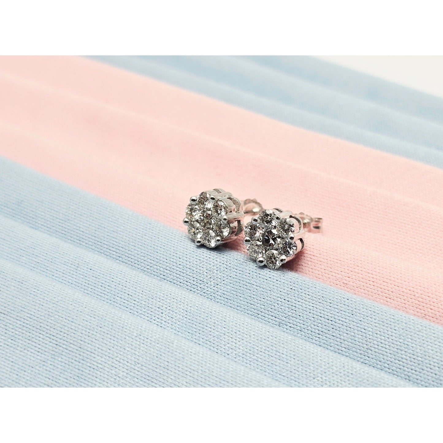14K White Gold Round Cut Diamond Flower Stud Earrings