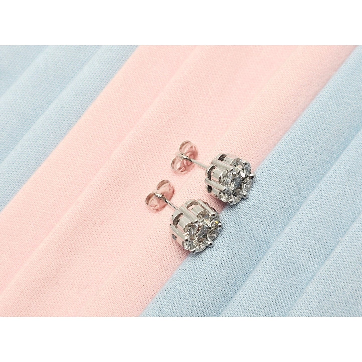 14K White Gold Round Cut Diamond Flower Stud Earrings