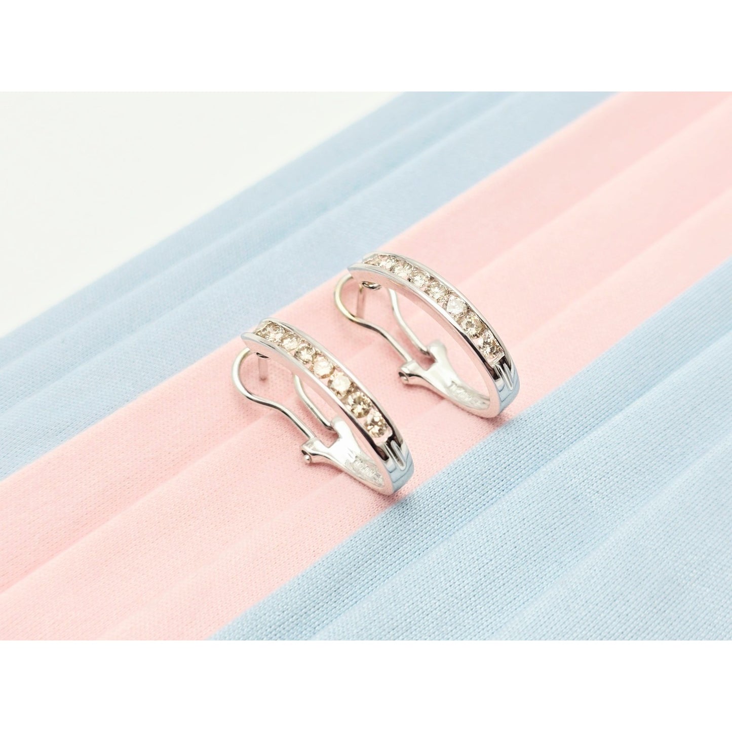 14K White Gold Round Cut Diamond French Clip Half Hoop Earrings