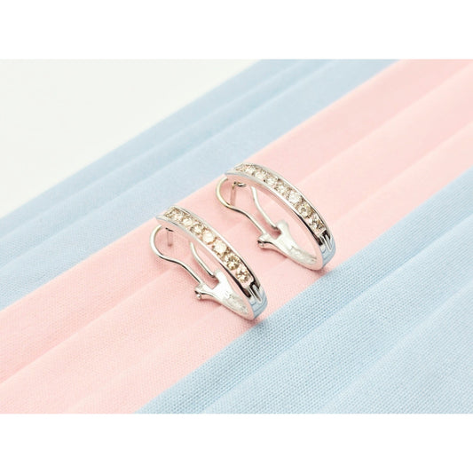 14K White Gold Round Cut Diamond French Clip Half Hoop Earrings