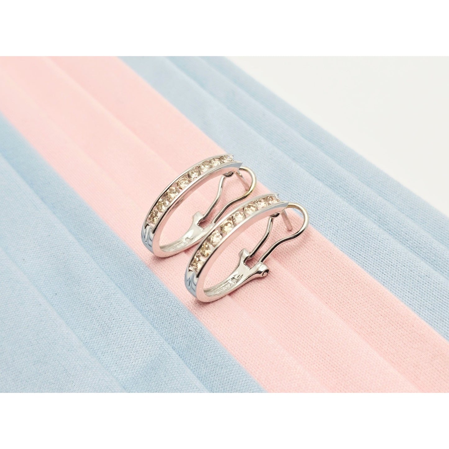 14K White Gold Round Cut Diamond French Clip Half Hoop Earrings