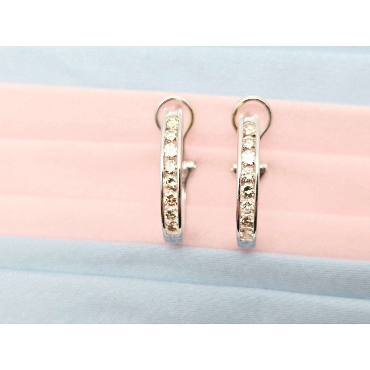 14K White Gold Round Cut Diamond French Clip Half Hoop Earrings