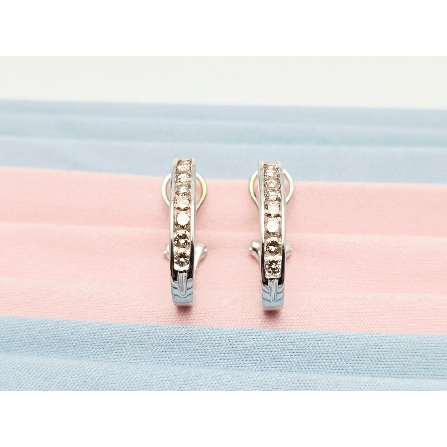 14K White Gold Round Cut Diamond French Clip Half Hoop Earrings