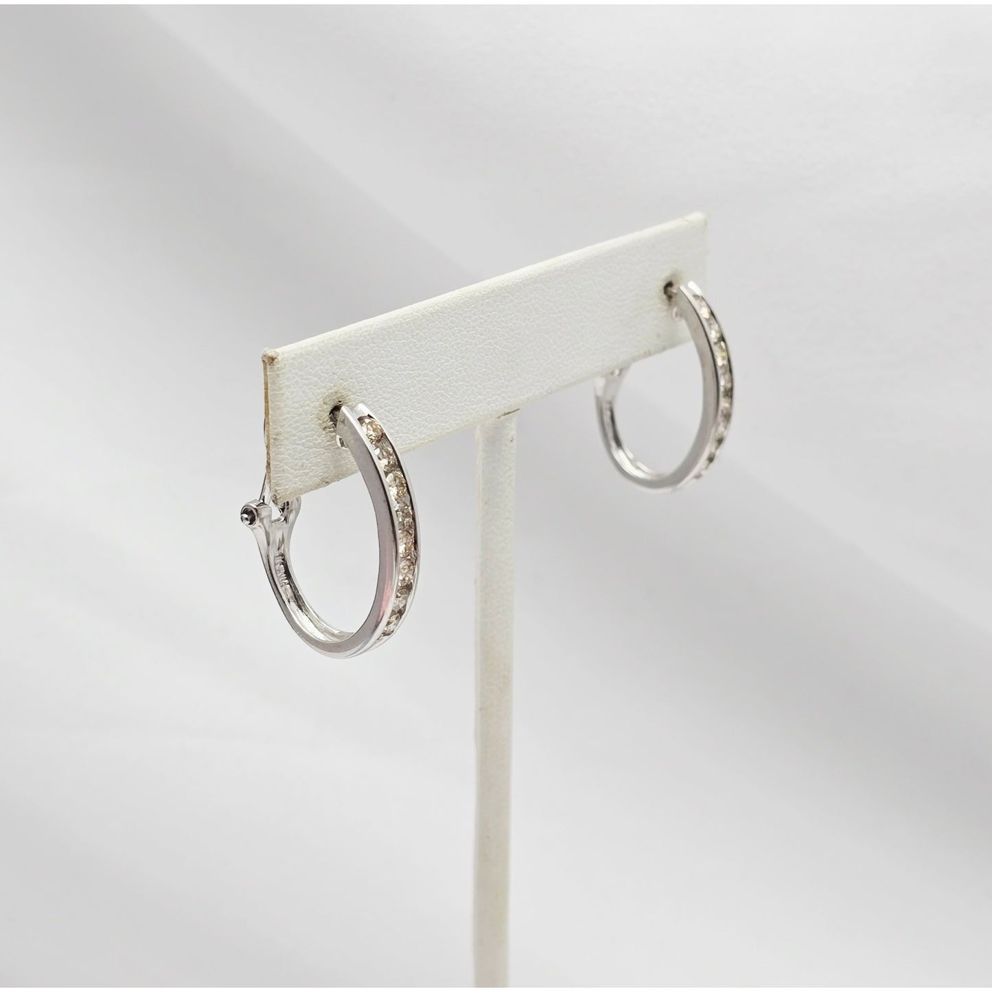 14K White Gold Round Cut Diamond French Clip Half Hoop Earrings