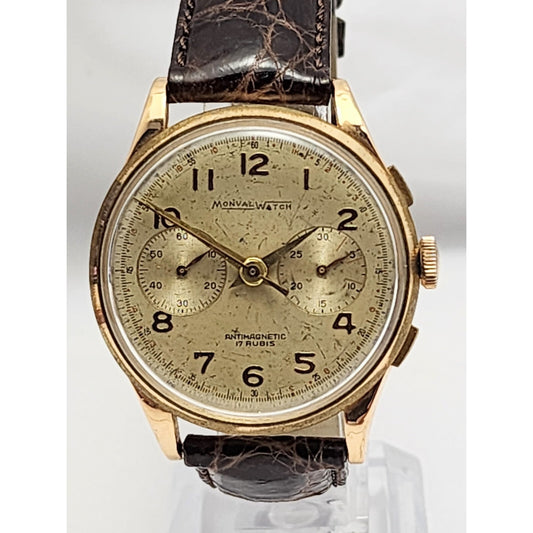 Vintage Monval 18K Rose Gold 37mm 17J Antimagnetic Chronograph Swiss Watch
