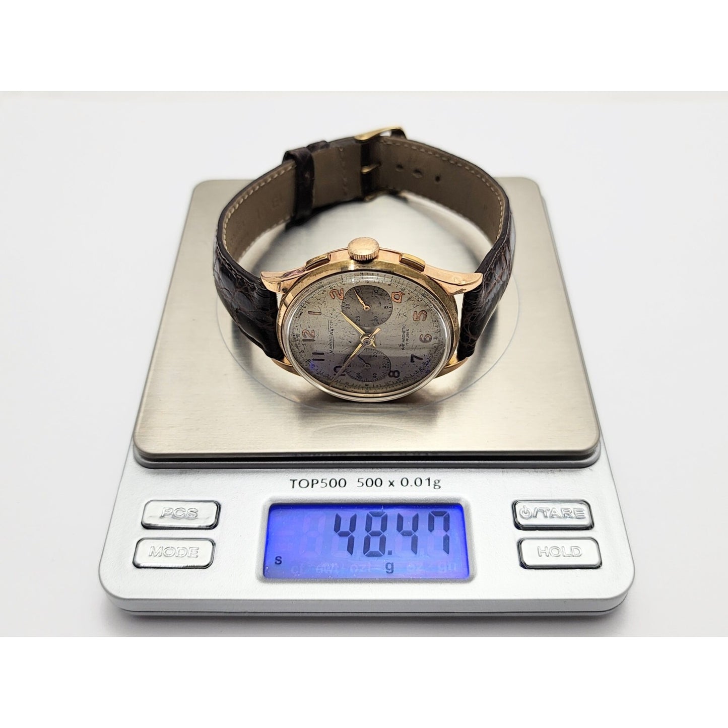Vintage Monval 18K Rose Gold 37mm 17J Antimagnetic Chronograph Swiss Watch