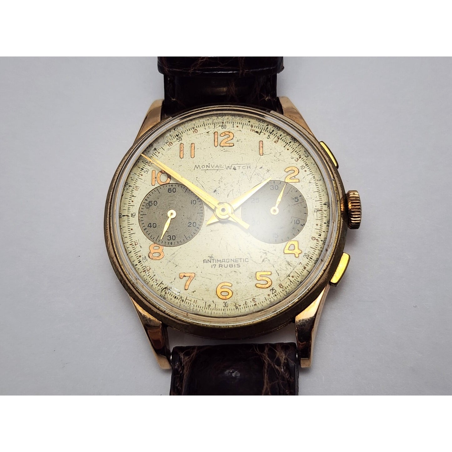 Vintage Monval 18K Rose Gold 37mm 17J Antimagnetic Chronograph Swiss Watch