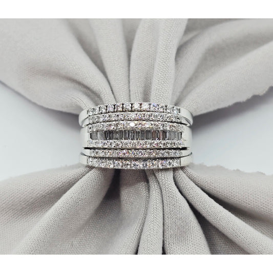 14K White Gold Multi Row Diamond Cluster Wide Band Ring