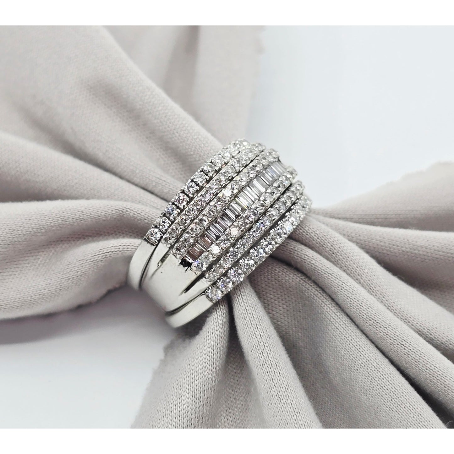 14K White Gold Multi Row Diamond Cluster Wide Band Ring