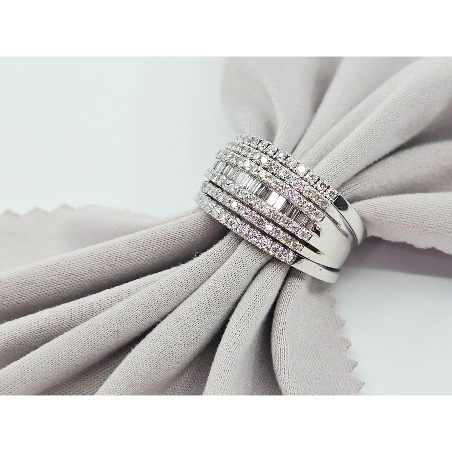 14K White Gold Multi Row Diamond Cluster Wide Band Ring
