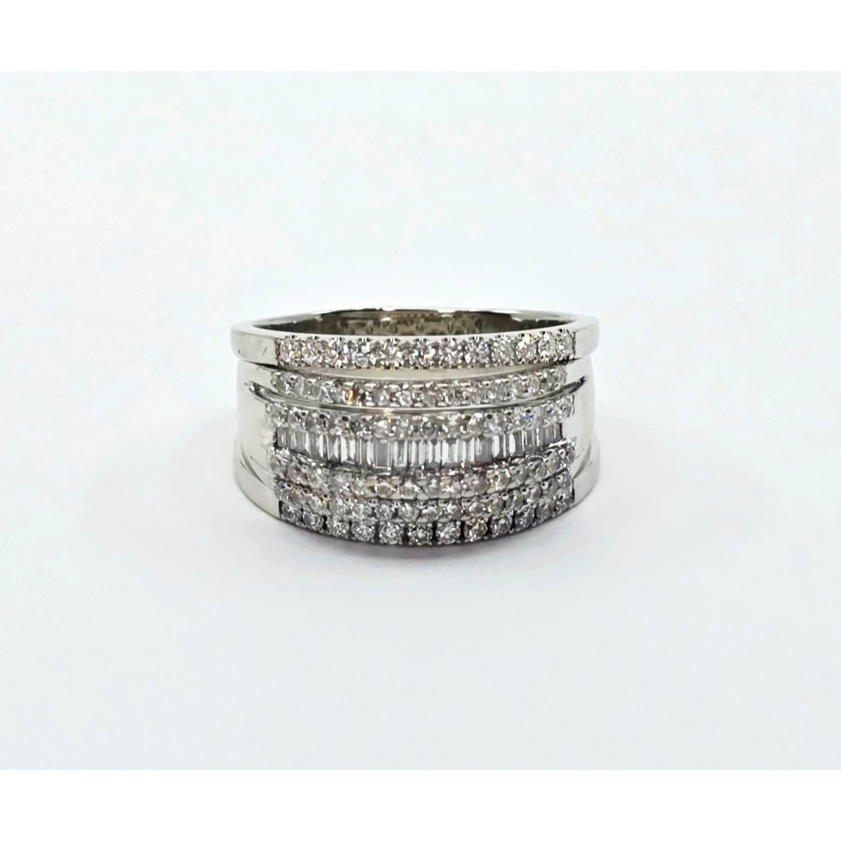 14K White Gold Multi Row Diamond Cluster Wide Band Ring