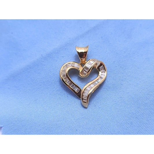 14K Yellow Gold Baguette Diamond Open Heart Charm Pendant