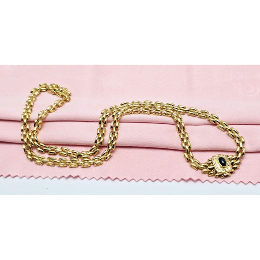 18K Yellow Gold Cabochon Sapphire & Diamond Link Chain Necklace