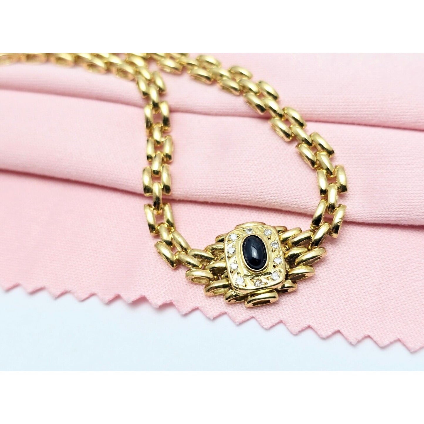 18K Yellow Gold Cabochon Sapphire & Diamond Link Chain Necklace
