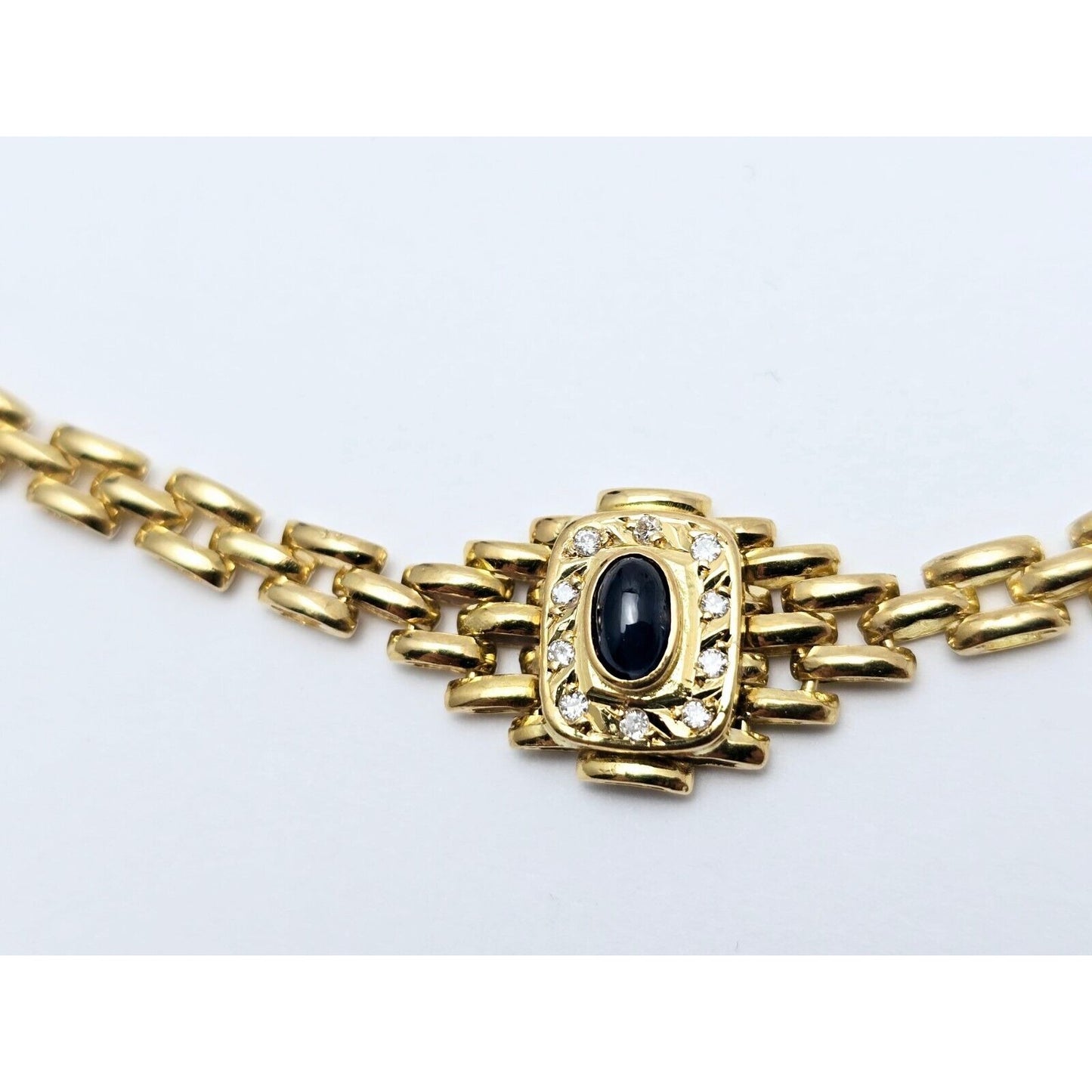 18K Yellow Gold Cabochon Sapphire & Diamond Link Chain Necklace