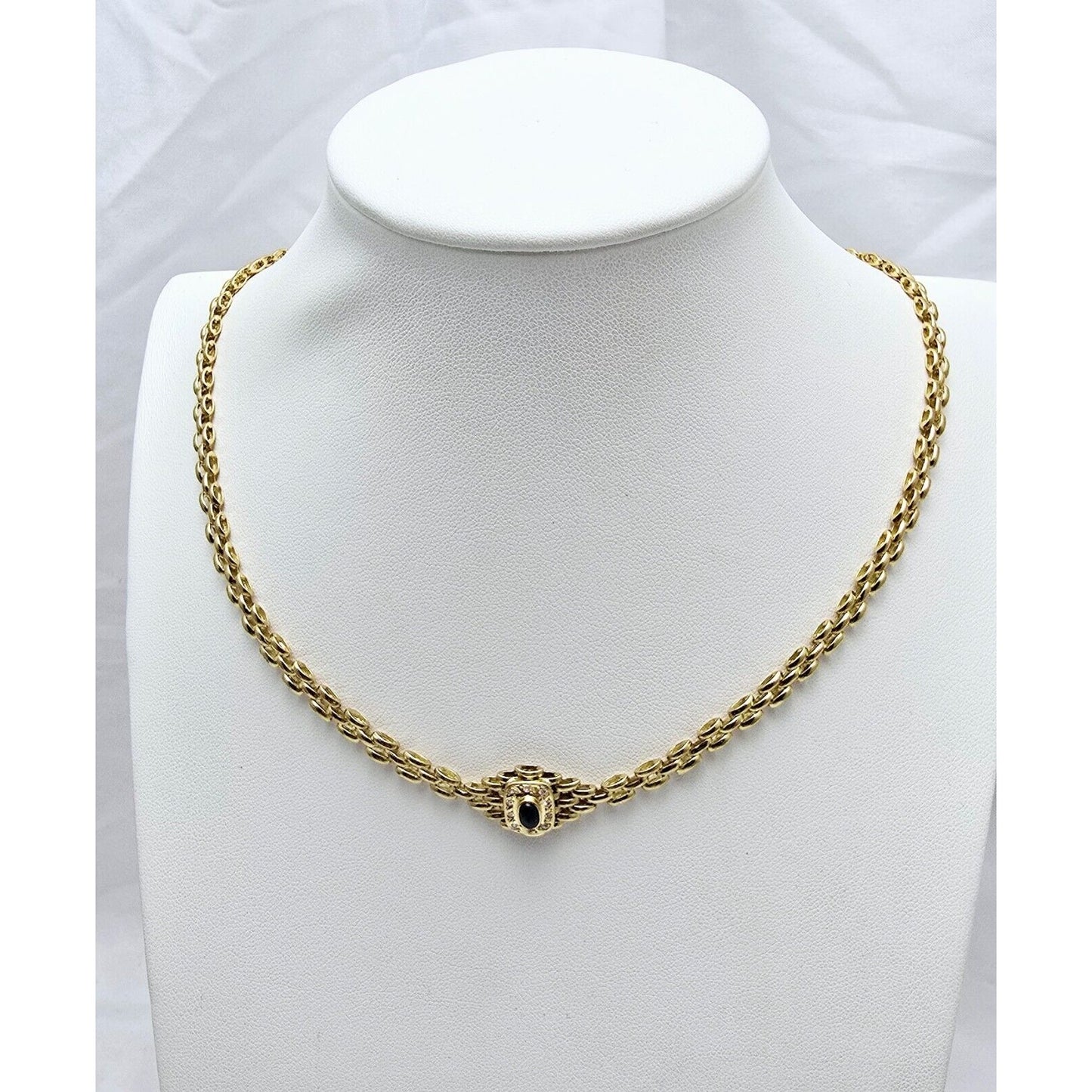18K Yellow Gold Cabochon Sapphire & Diamond Link Chain Necklace