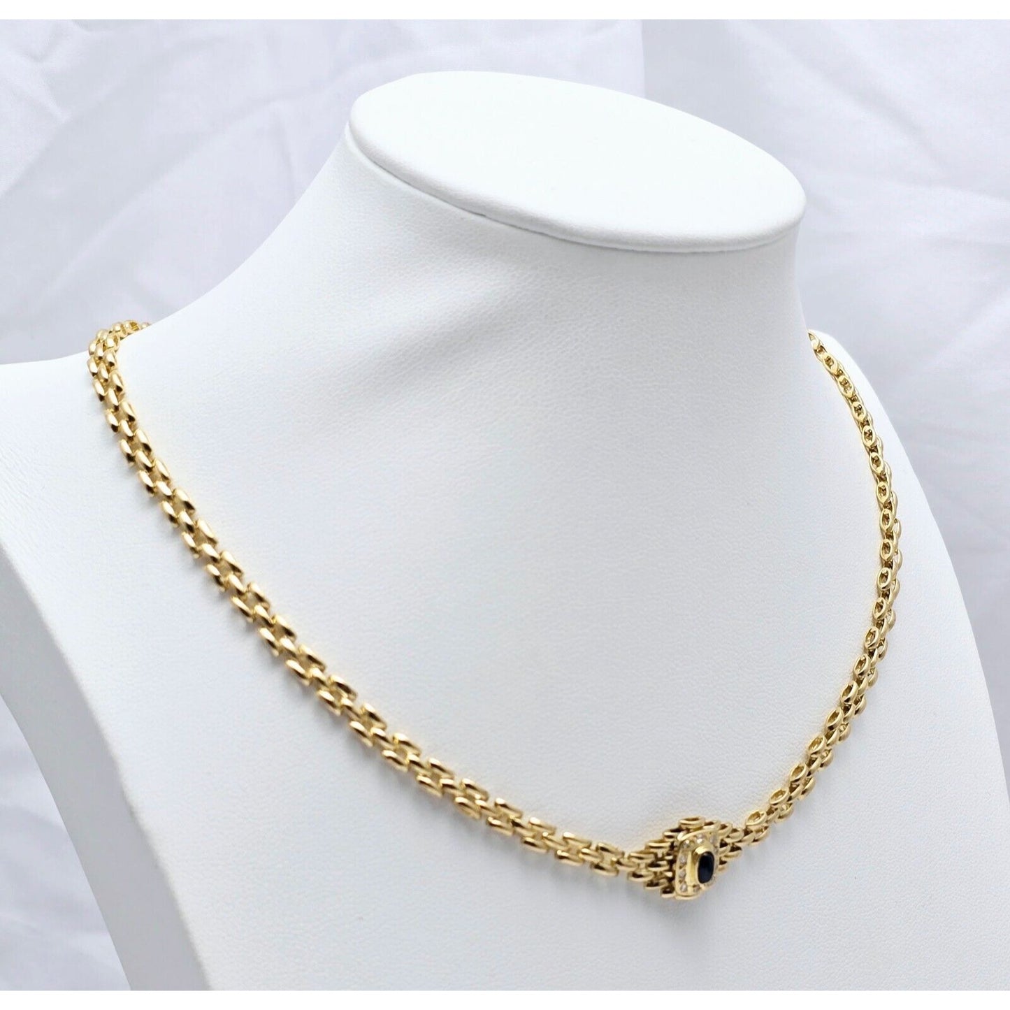 18K Yellow Gold Cabochon Sapphire & Diamond Link Chain Necklace