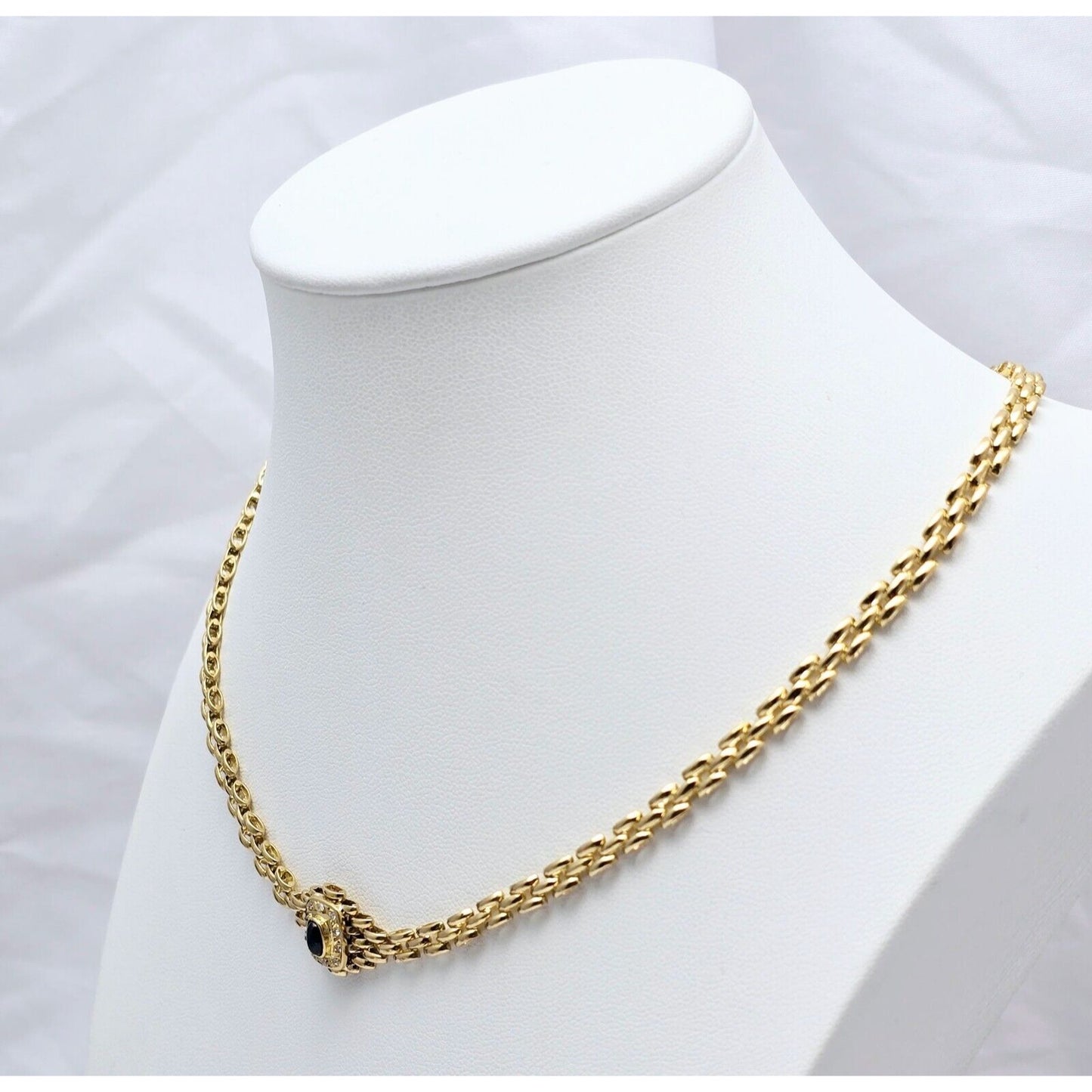 18K Yellow Gold Cabochon Sapphire & Diamond Link Chain Necklace
