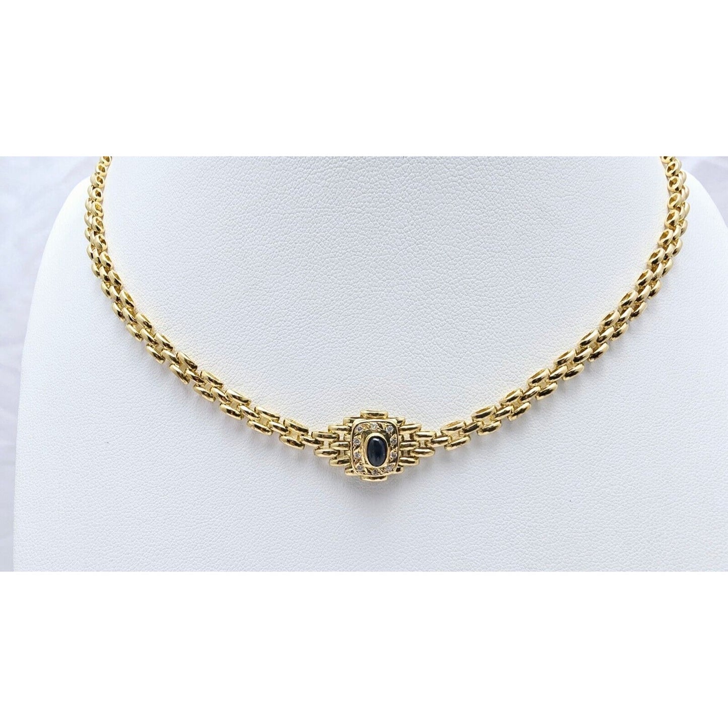 18K Yellow Gold Cabochon Sapphire & Diamond Link Chain Necklace