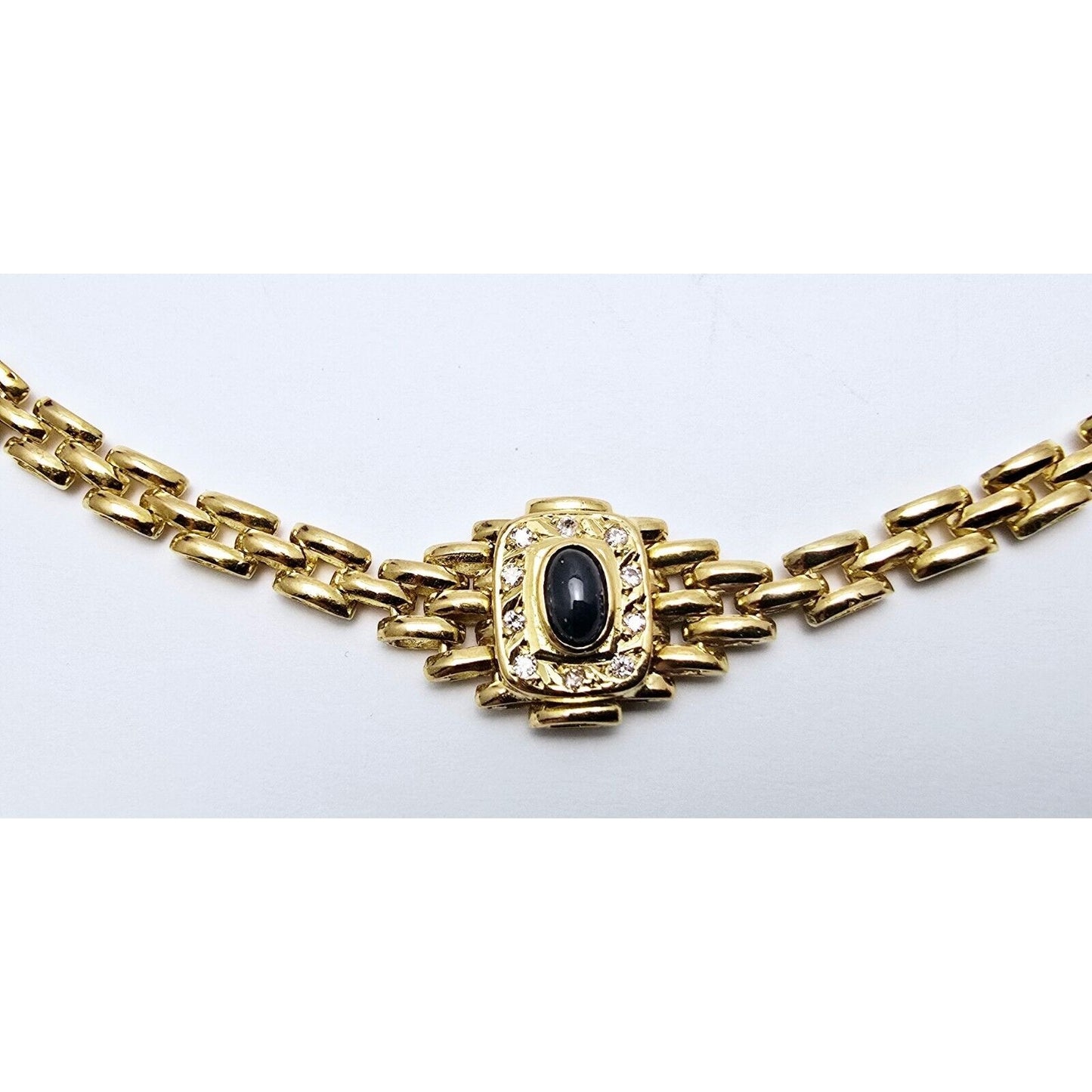 18K Yellow Gold Cabochon Sapphire & Diamond Link Chain Necklace
