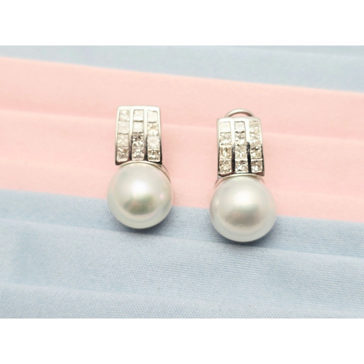 14K White Gold Pearl & Princess Cut Diamond French Clip Earrings